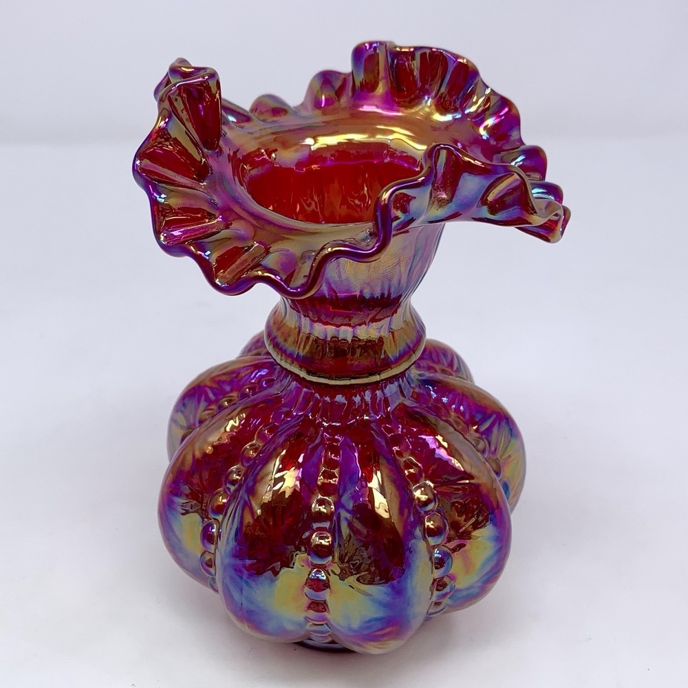 Vintage 1990s FENTON Ruby Red Carnival Glass Beaded Melon Vase 6" Ruffled
